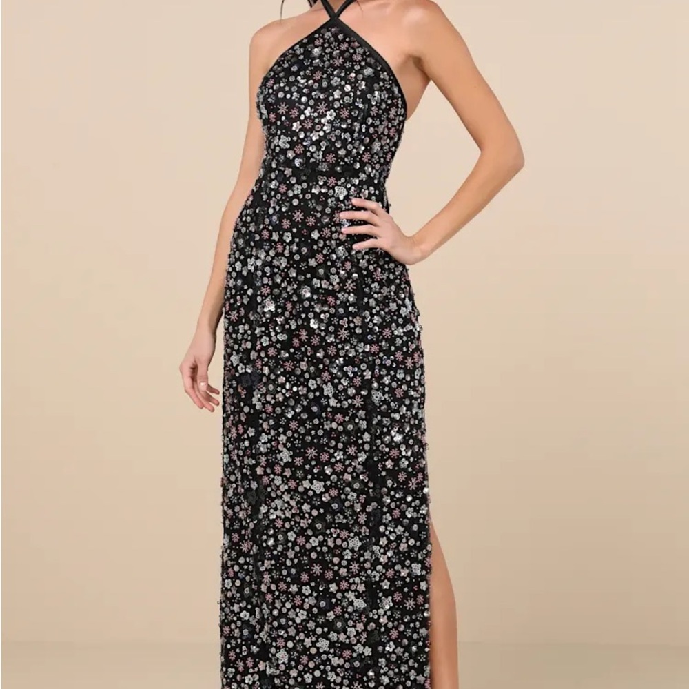 Floral Halter Maxi Dress - Black
